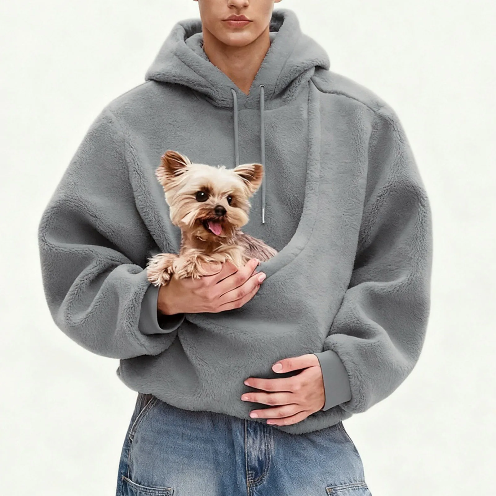 Pocket Style Pet In Plush Loose Fitting Hooded Sweatshirt for Men a nd Women New Fashion Solid Color Comforatble Hoodie 2025