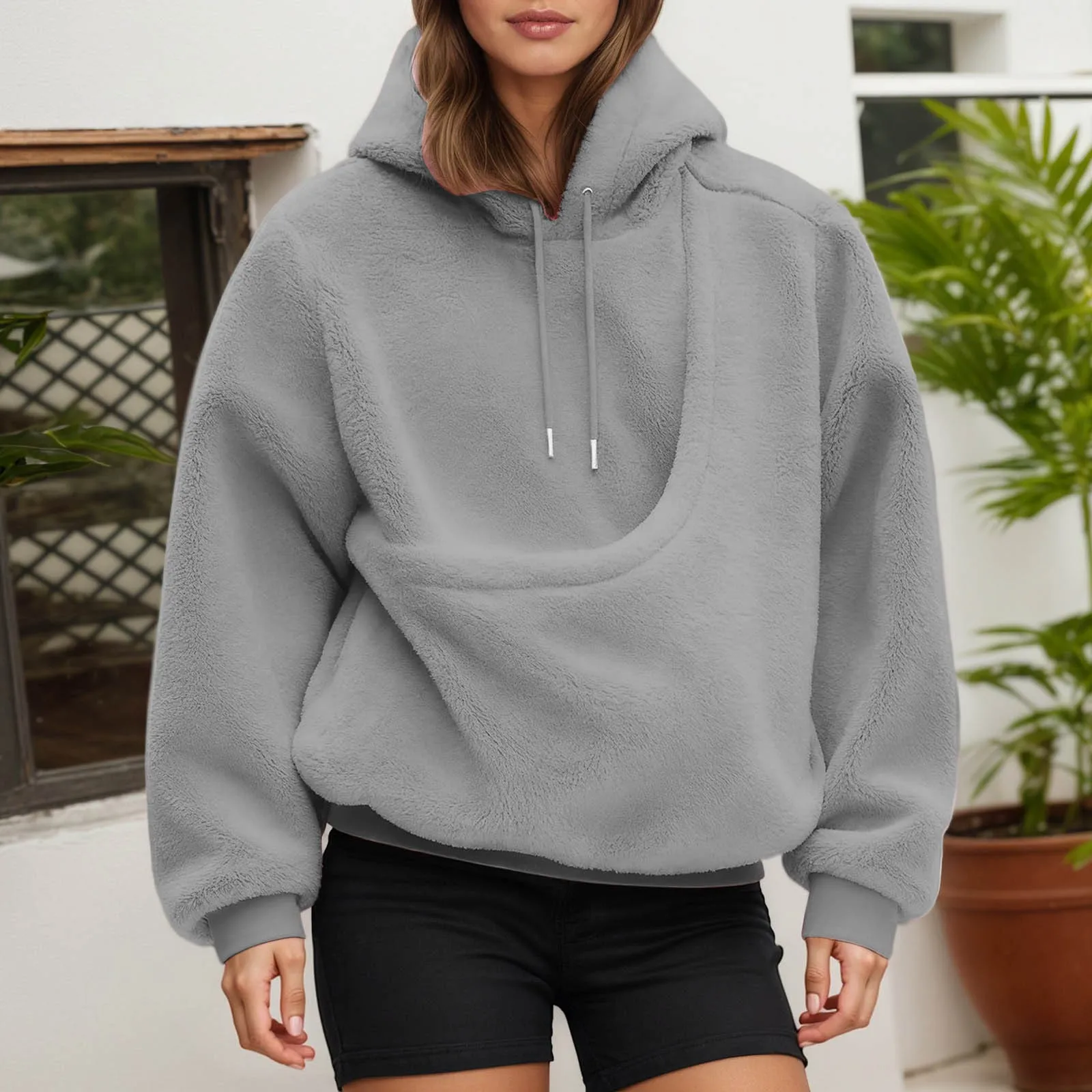Pocket Style Pet In Plush Loose Fitting Hooded Sweatshirt for Men a nd Women New Fashion Solid Color Comforatble Hoodie 2025