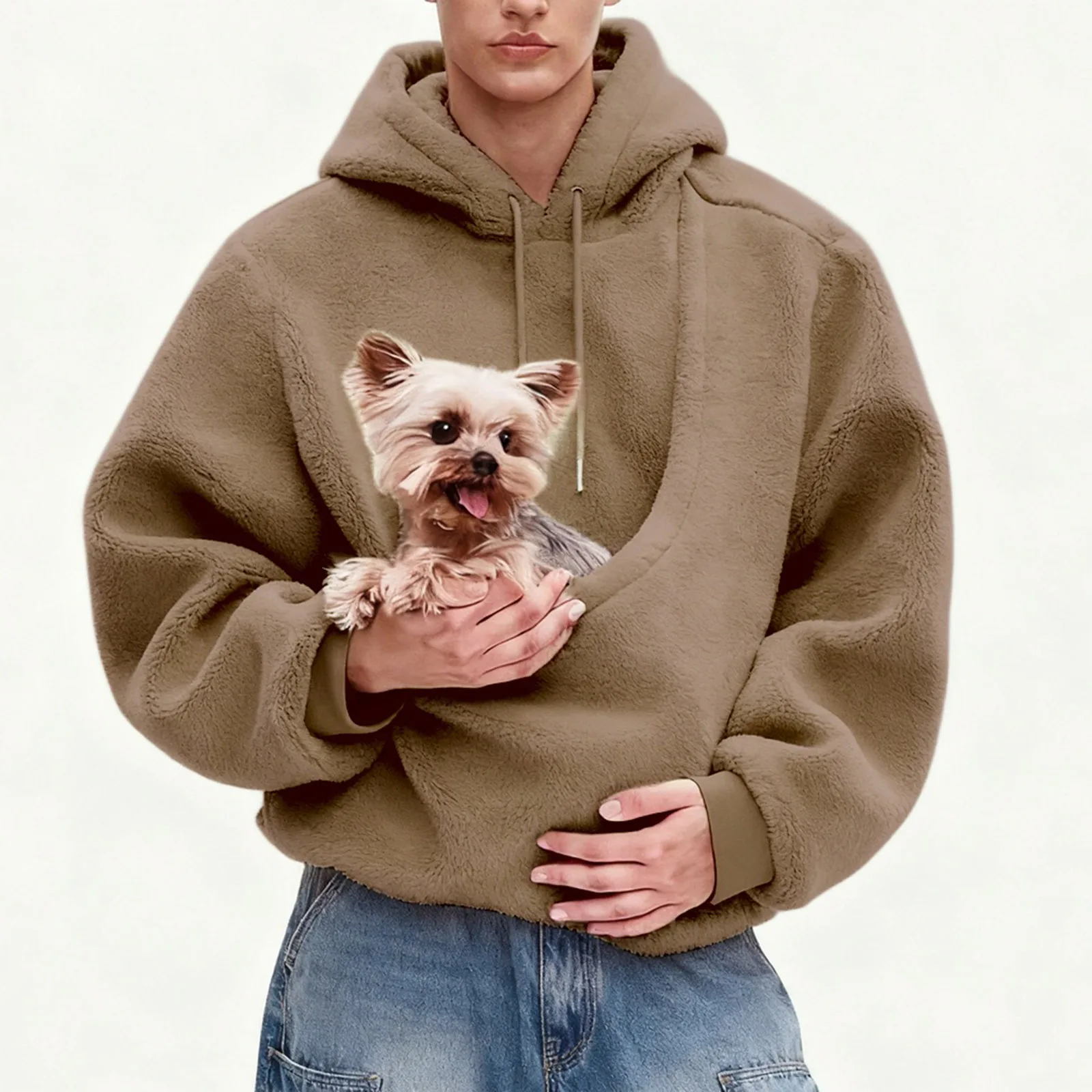 Pocket Style Pet In Plush Loose Fitting Hooded Sweatshirt for Men a nd Women New Fashion Solid Color Comforatble Hoodie 2025