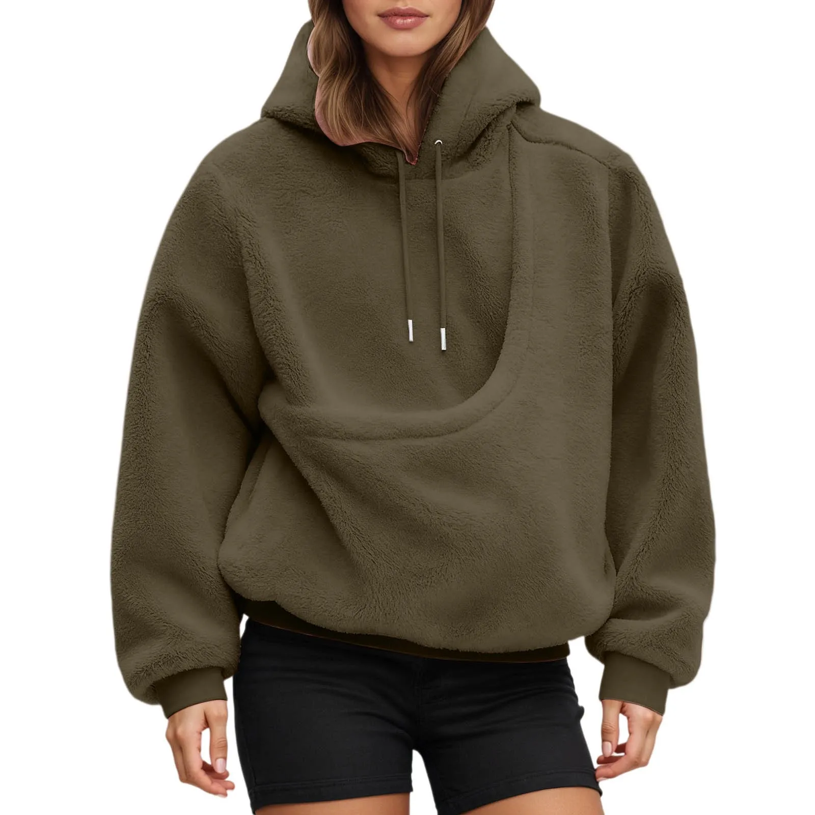 Pocket Style Pet In Plush Loose Fitting Hooded Sweatshirt for Men a nd Women New Fashion Solid Color Comforatble Hoodie 2025