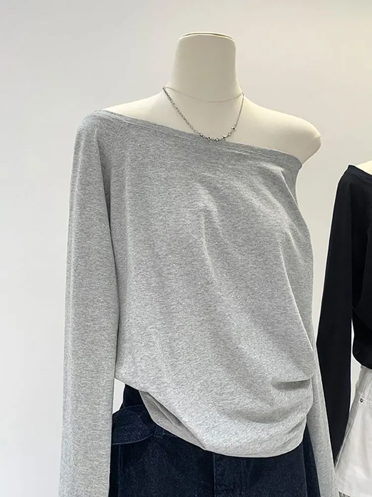 Off the Shoulder Long Sleeve T Shirt Women Spring Autumn Loose Sexy One Shoulder Top Lady Casual Basic Tees School Preppy Blouse