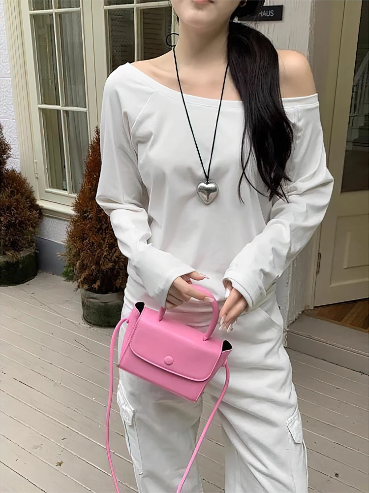 Off the Shoulder Long Sleeve T Shirt Women Spring Autumn Loose Sexy One Shoulder Top Lady Casual Basic Tees School Preppy Blouse