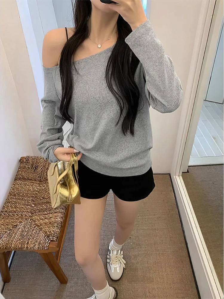 Off the Shoulder Long Sleeve T Shirt Women Spring Autumn Loose Sexy One Shoulder Top Lady Casual Basic Tees School Preppy Blouse