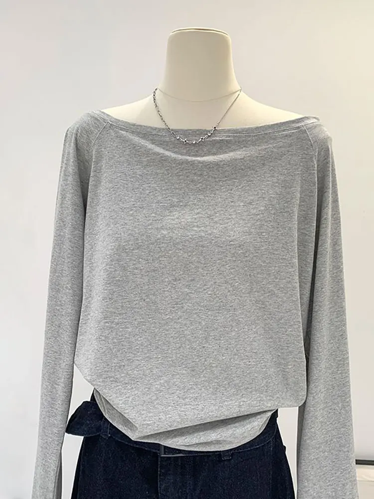 Off the Shoulder Long Sleeve T Shirt Women Spring Autumn Loose Sexy One Shoulder Top Lady Casual Basic Tees School Preppy Blouse