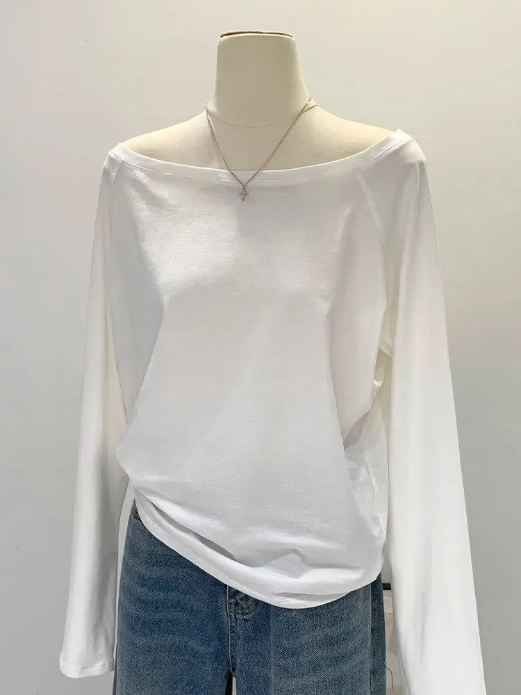 Off the Shoulder Long Sleeve T Shirt Women Spring Autumn Loose Sexy One Shoulder Top Lady Casual Basic Tees School Preppy Blouse