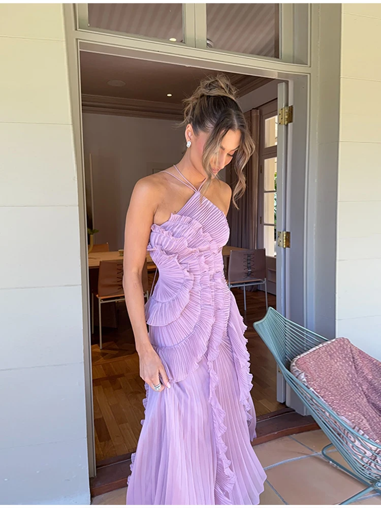 Chic pleated halter neck long vacation dress high quality purple strapless Lotus Edge Maxi Dress 2026 New Lady Vacation Gowns