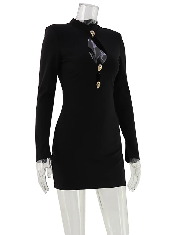 Ahagaga Fashion Women's Mini Dress Solid Hollow Out Regular Long Sleeves Sheath Bodycon Sexy Club Basic Casual Streetwear Female