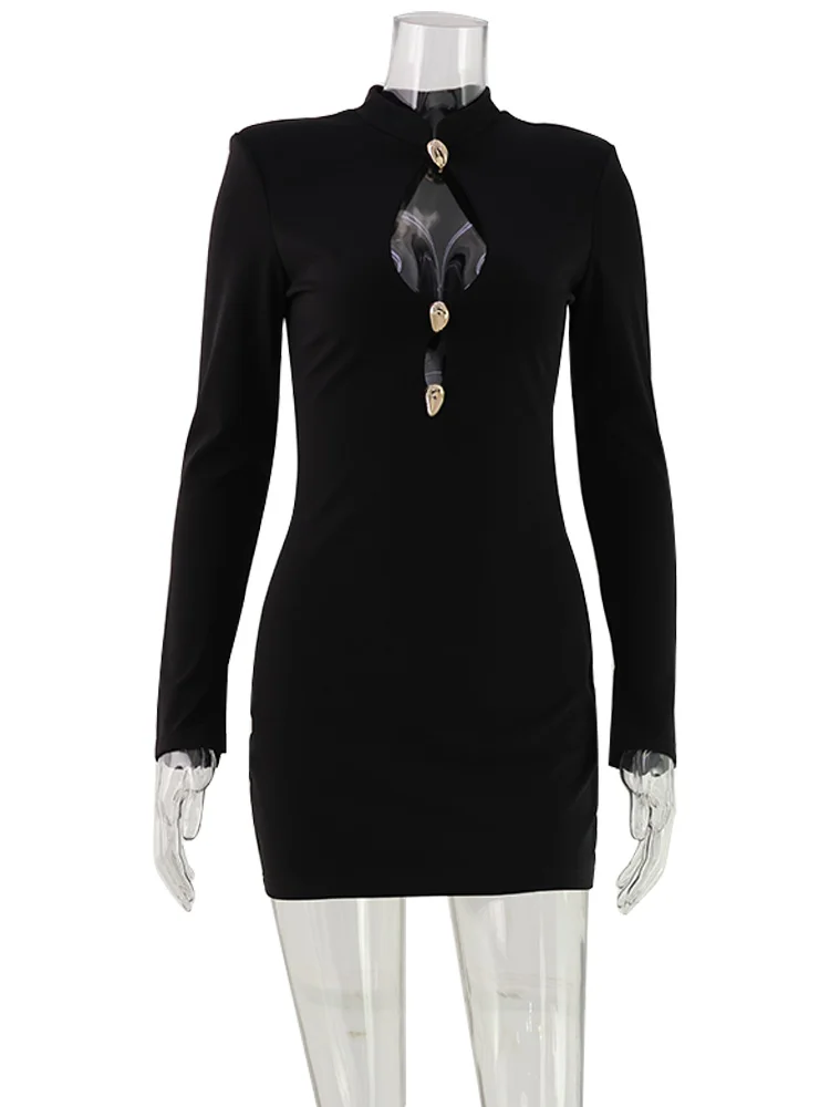 Ahagaga Fashion Women's Mini Dress Solid Hollow Out Regular Long Sleeves Sheath Bodycon Sexy Club Basic Casual Streetwear Female