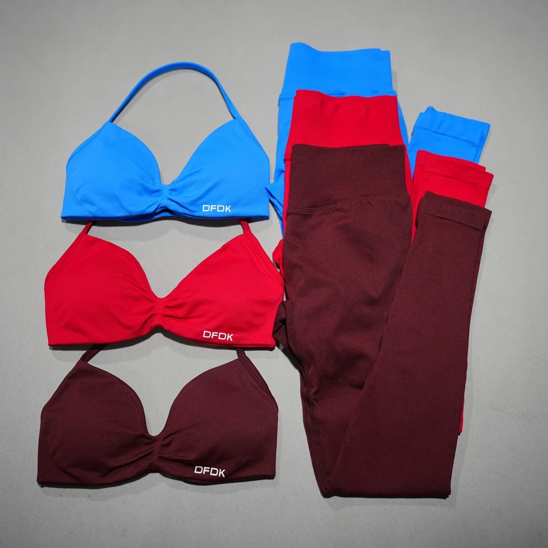 DFHE High Waist Scrunch Butt Leggings Set, Backless Halter Sports Bra, Seamless 2-Piece Yoga Fitness Athletic Wear