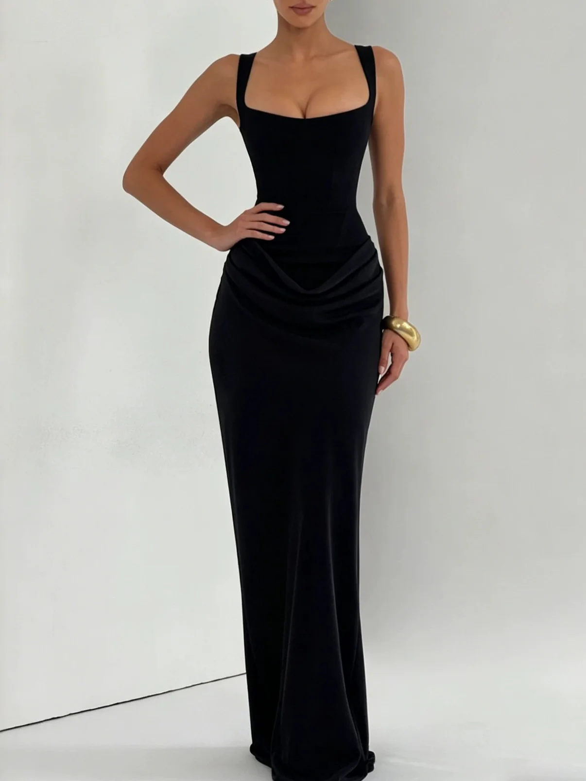 Ladies' formal square neck sleeveless waist cinching design with pleated fish tail long skirt for dinner party slimming dress