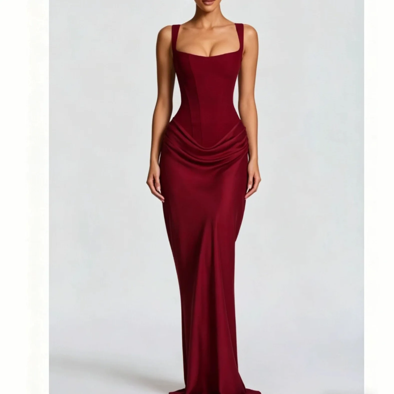 Ladies' formal square neck sleeveless waist cinching design with pleated fish tail long skirt for dinner party slimming dress
