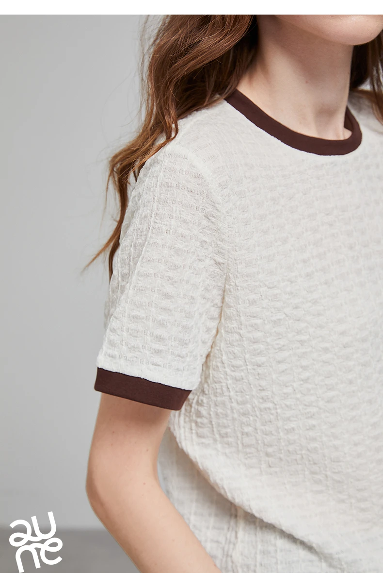 TOYOUTH Women T Shirts 2026 Summer New Embossed Texture Bubble Pleat Color Block Crew Neck Unique Tops