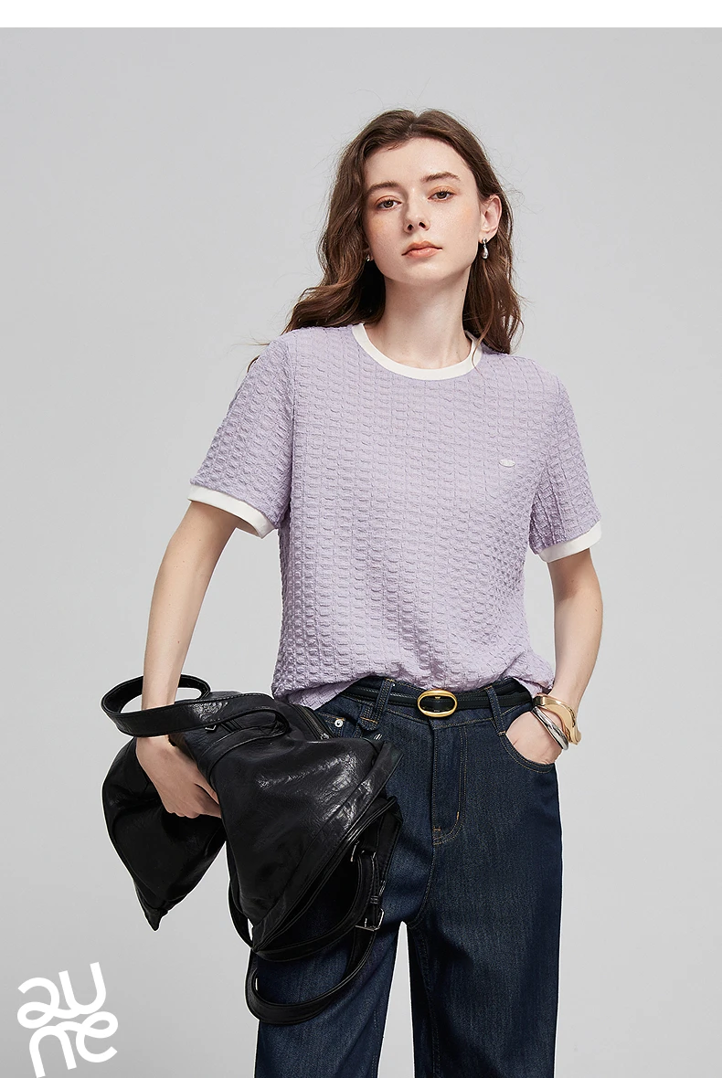TOYOUTH Women T Shirts 2026 Summer New Embossed Texture Bubble Pleat Color Block Crew Neck Unique Tops