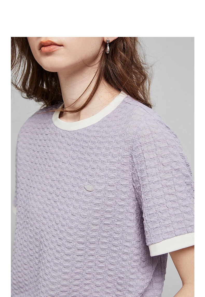 TOYOUTH Women T Shirts 2026 Summer New Embossed Texture Bubble Pleat Color Block Crew Neck Unique Tops