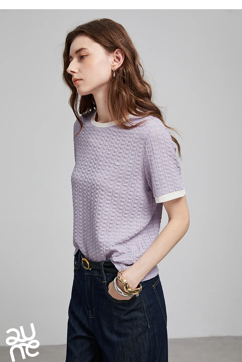 TOYOUTH Women T Shirts 2026 Summer New Embossed Texture Bubble Pleat Color Block Crew Neck Unique Tops