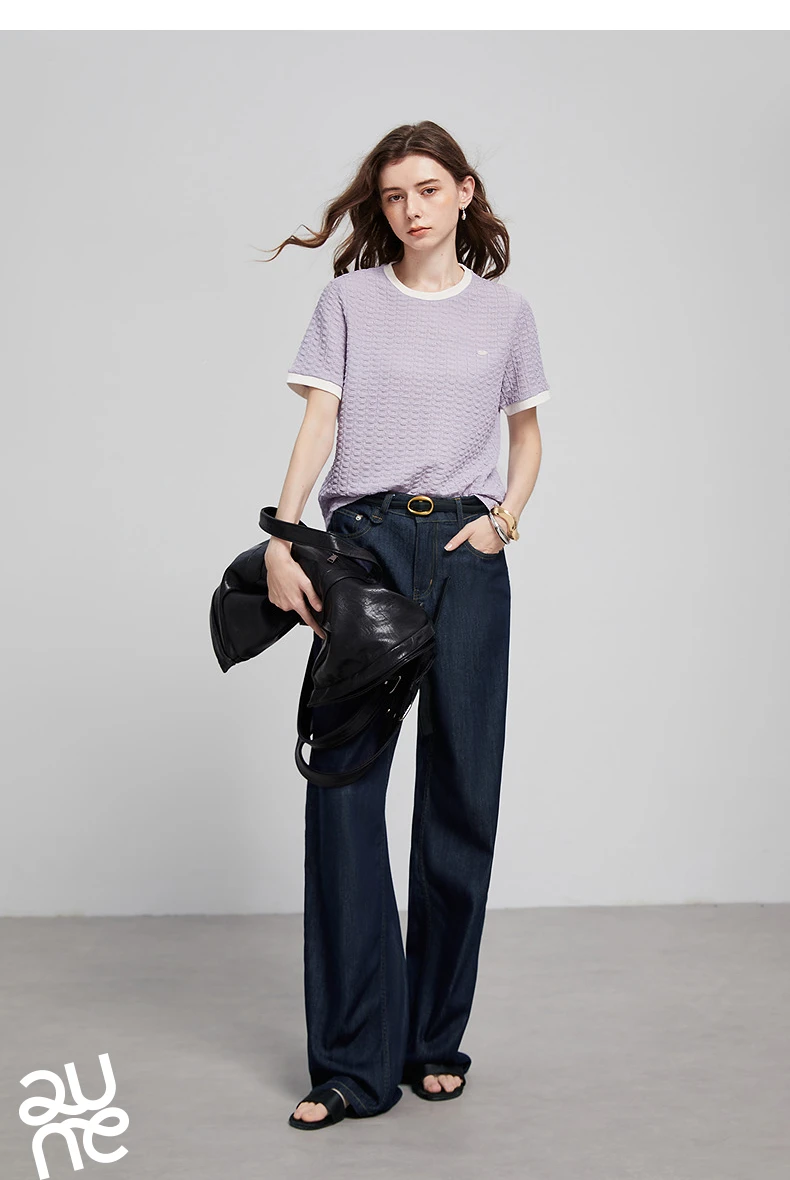 TOYOUTH Women T Shirts 2026 Summer New Embossed Texture Bubble Pleat Color Block Crew Neck Unique Tops