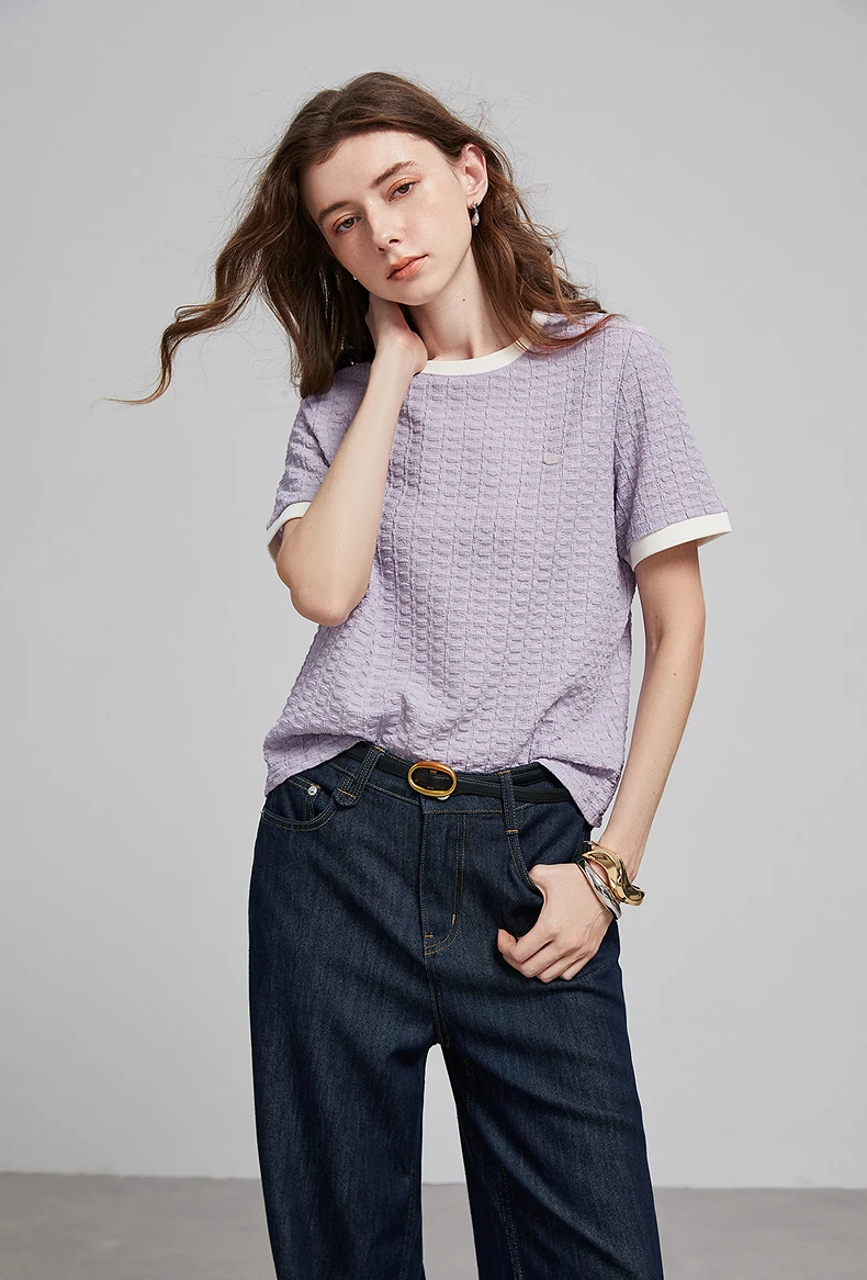 TOYOUTH Women T Shirts 2026 Summer New Embossed Texture Bubble Pleat Color Block Crew Neck Unique Tops