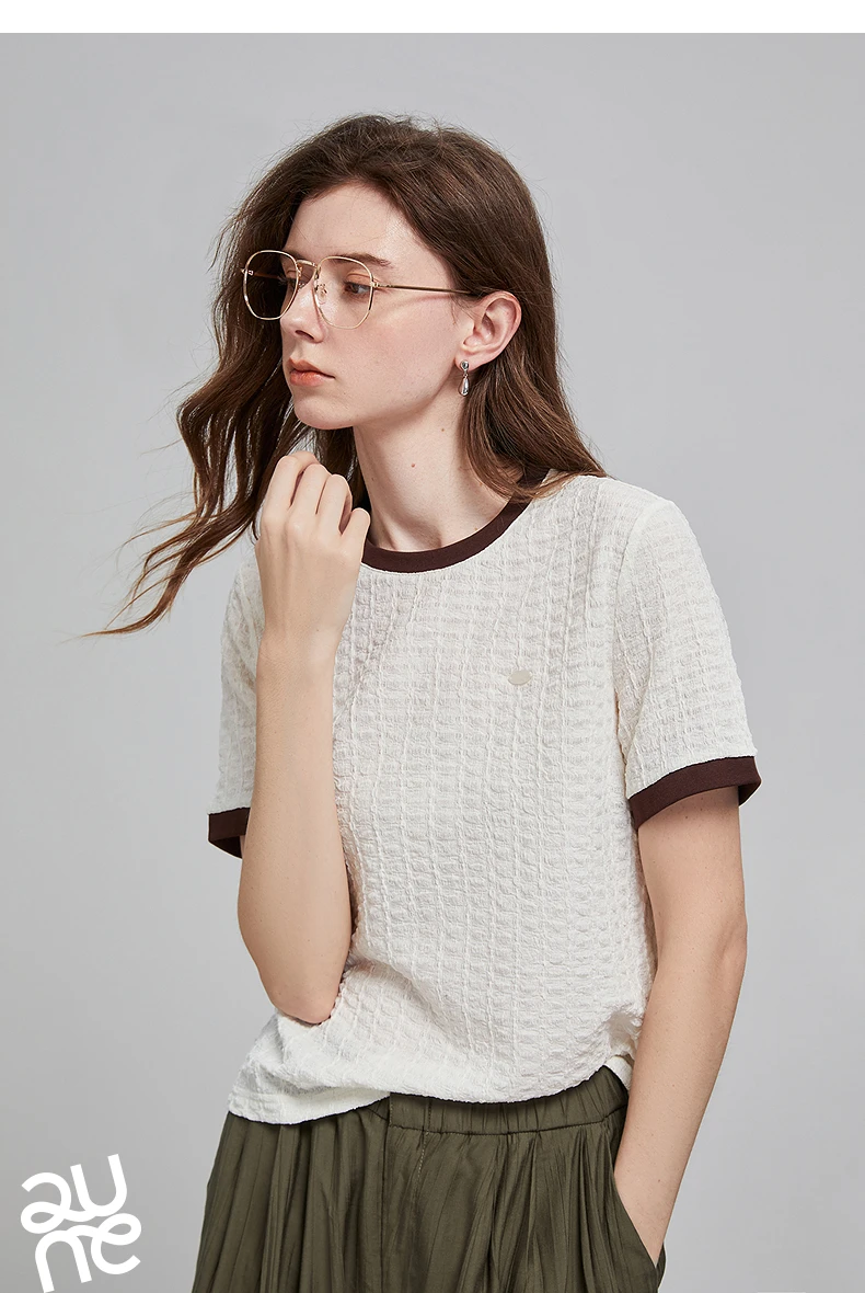 TOYOUTH Women T Shirts 2026 Summer New Embossed Texture Bubble Pleat Color Block Crew Neck Unique Tops