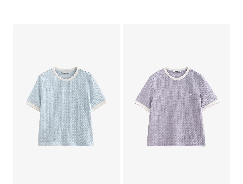TOYOUTH Women T Shirts 2026 Summer New Embossed Texture Bubble Pleat Color Block Crew Neck Unique Tops
