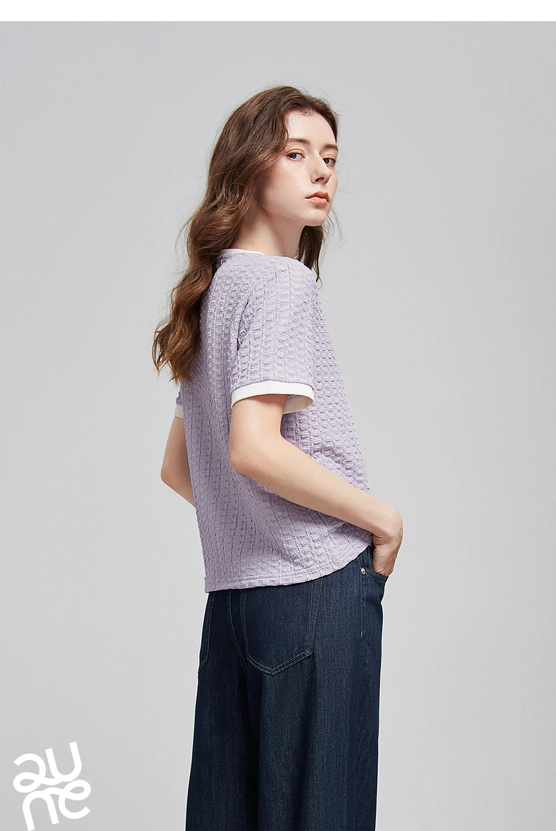 TOYOUTH Women T Shirts 2026 Summer New Embossed Texture Bubble Pleat Color Block Crew Neck Unique Tops