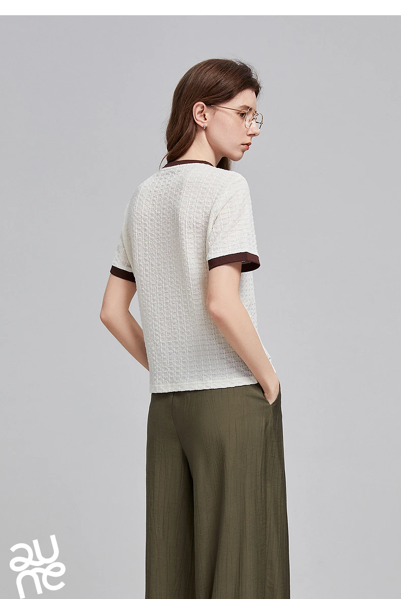 TOYOUTH Women T Shirts 2026 Summer New Embossed Texture Bubble Pleat Color Block Crew Neck Unique Tops