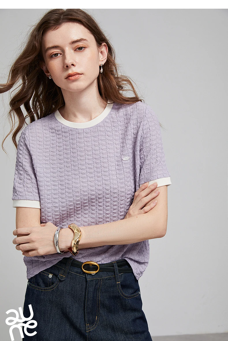 TOYOUTH Women T Shirts 2026 Summer New Embossed Texture Bubble Pleat Color Block Crew Neck Unique Tops