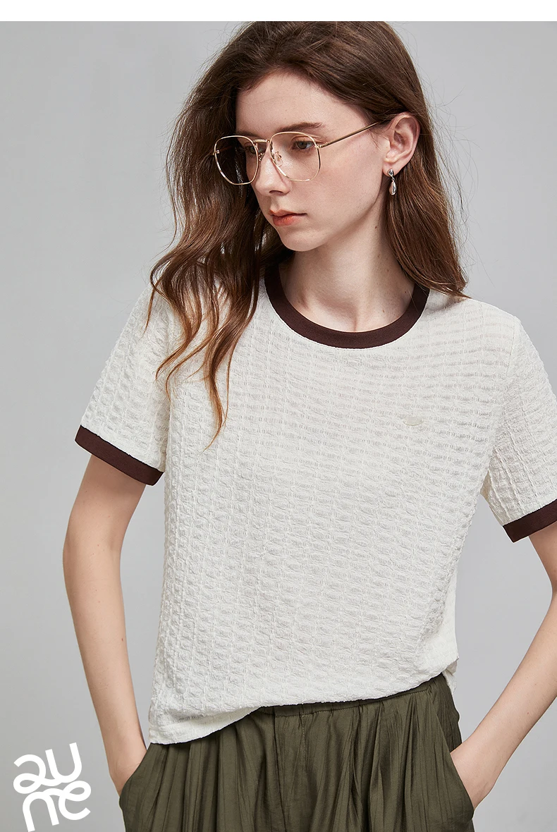 TOYOUTH Women T Shirts 2026 Summer New Embossed Texture Bubble Pleat Color Block Crew Neck Unique Tops