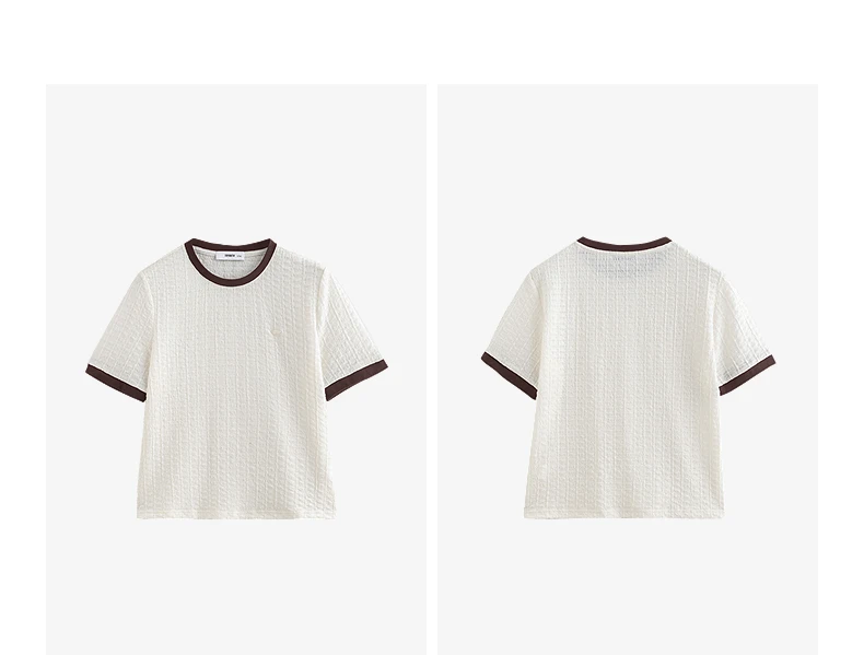 TOYOUTH Women T Shirts 2026 Summer New Embossed Texture Bubble Pleat Color Block Crew Neck Unique Tops