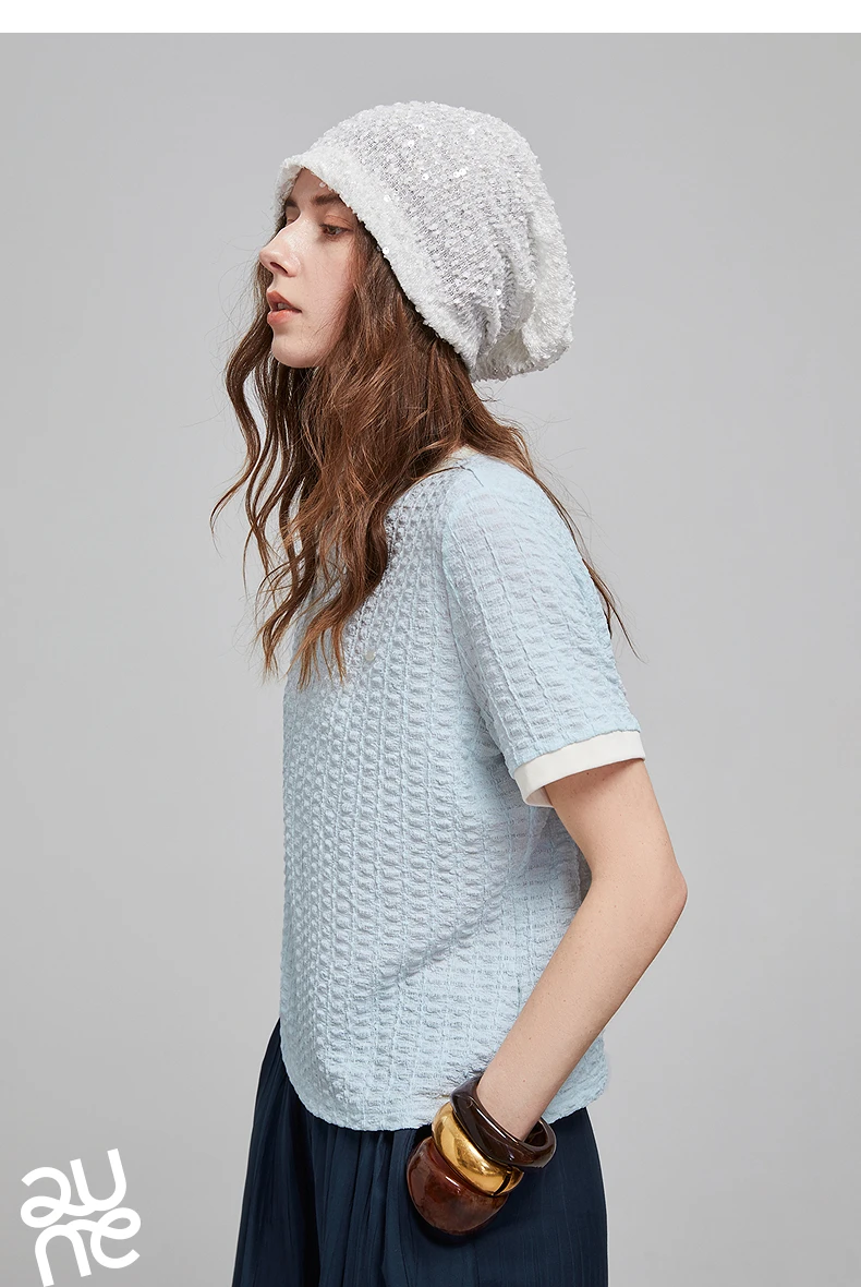 TOYOUTH Women T Shirts 2026 Summer New Embossed Texture Bubble Pleat Color Block Crew Neck Unique Tops
