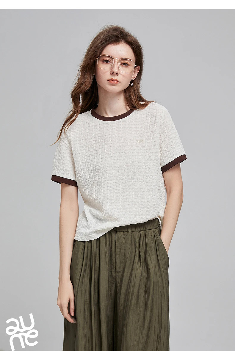TOYOUTH Women T Shirts 2026 Summer New Embossed Texture Bubble Pleat Color Block Crew Neck Unique Tops