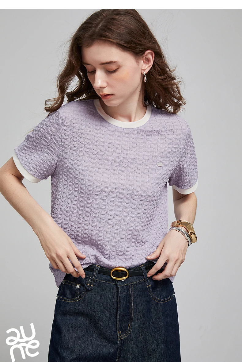 TOYOUTH Women T Shirts 2026 Summer New Embossed Texture Bubble Pleat Color Block Crew Neck Unique Tops