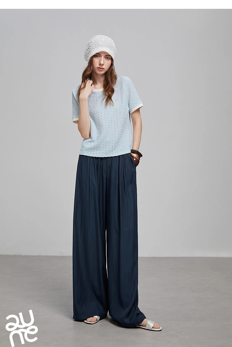 TOYOUTH Women T Shirts 2026 Summer New Embossed Texture Bubble Pleat Color Block Crew Neck Unique Tops