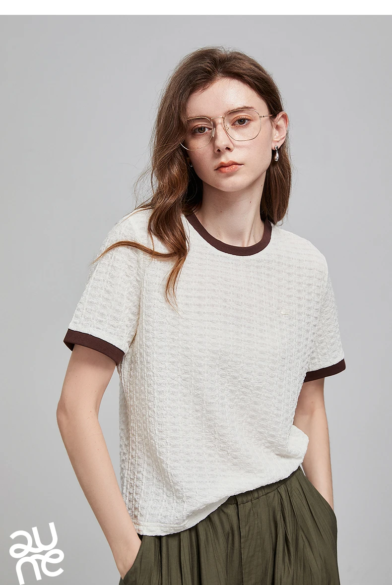 TOYOUTH Women T Shirts 2026 Summer New Embossed Texture Bubble Pleat Color Block Crew Neck Unique Tops