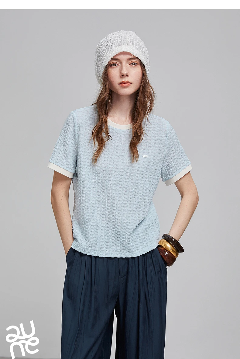 TOYOUTH Women T Shirts 2026 Summer New Embossed Texture Bubble Pleat Color Block Crew Neck Unique Tops