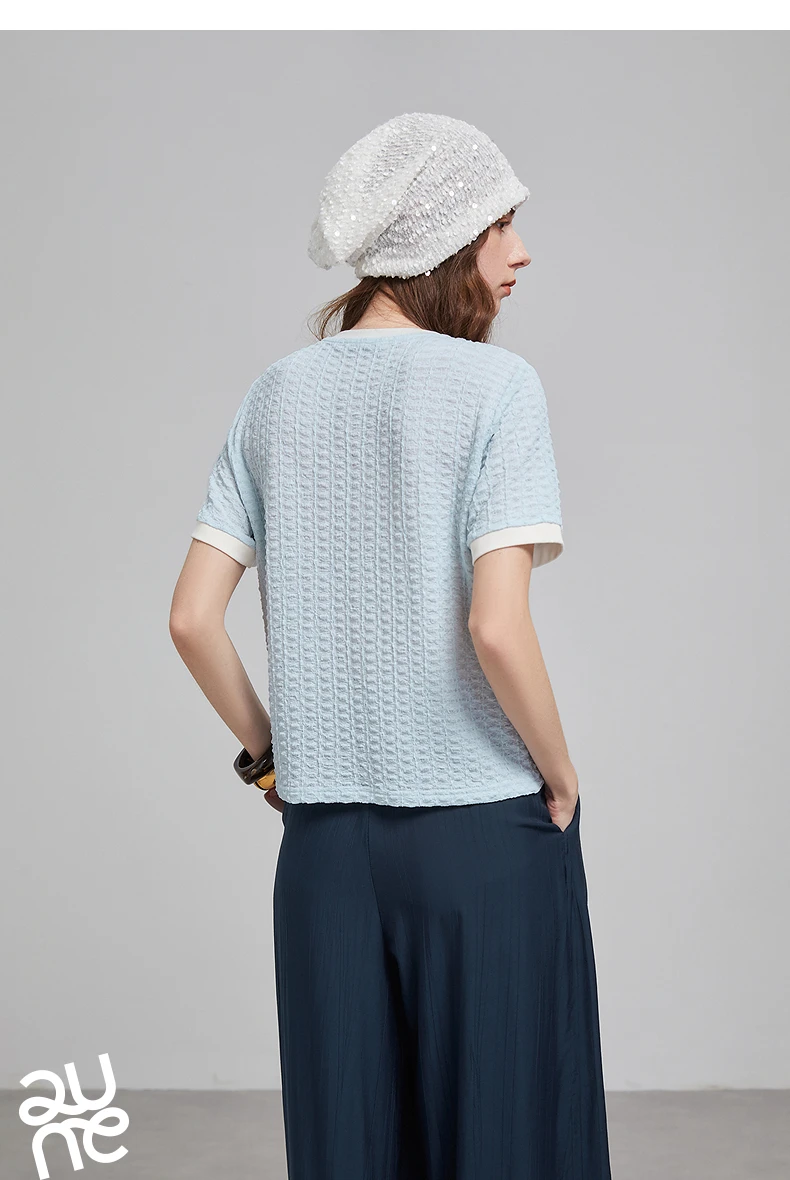 TOYOUTH Women T Shirts 2026 Summer New Embossed Texture Bubble Pleat Color Block Crew Neck Unique Tops