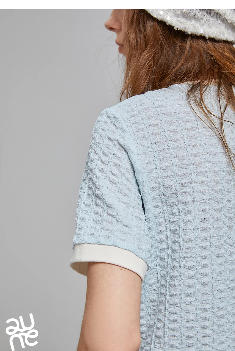 TOYOUTH Women T Shirts 2026 Summer New Embossed Texture Bubble Pleat Color Block Crew Neck Unique Tops