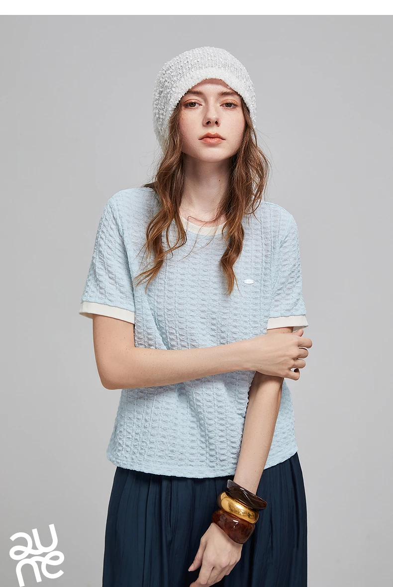 TOYOUTH Women T Shirts 2026 Summer New Embossed Texture Bubble Pleat Color Block Crew Neck Unique Tops