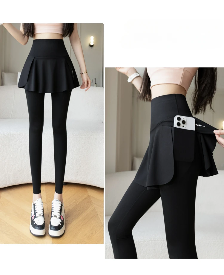 Women Fake Two Pieces Leggings Seamless Fitness Leggings High Waist with Pocket Elastic Slim Fashion Hip Liftting Yoga Pants