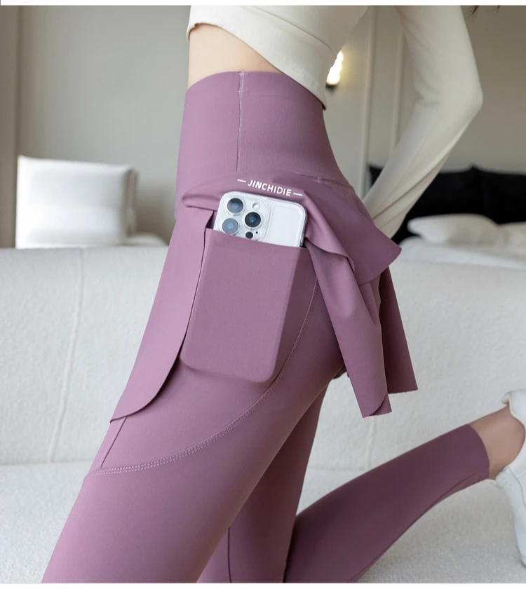 Women Fake Two Pieces Leggings Seamless Fitness Leggings High Waist with Pocket Elastic Slim Fashion Hip Liftting Yoga Pants