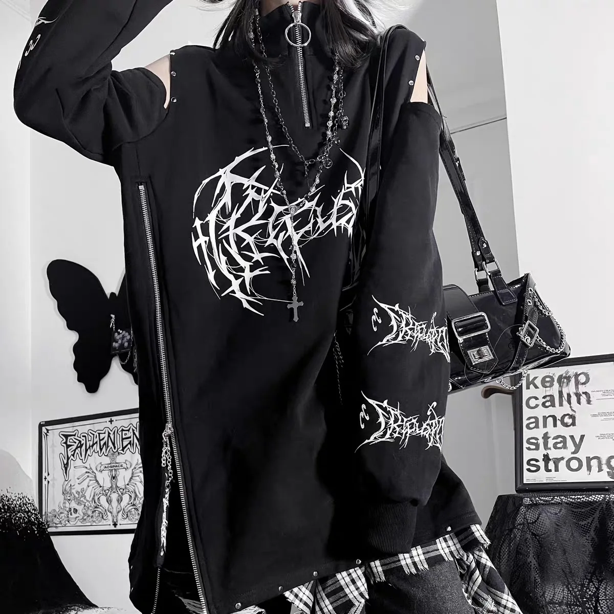Two-Dimensional Dark Print Subculture Punk Long-Sleeved Loose Bf Style Off-Shoulder Sweatshirt with Zipper Design for Spring