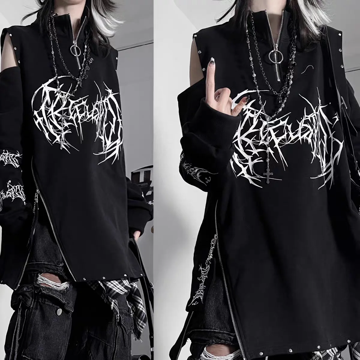 Two-Dimensional Dark Print Subculture Punk Long-Sleeved Loose Bf Style Off-Shoulder Sweatshirt with Zipper Design for Spring