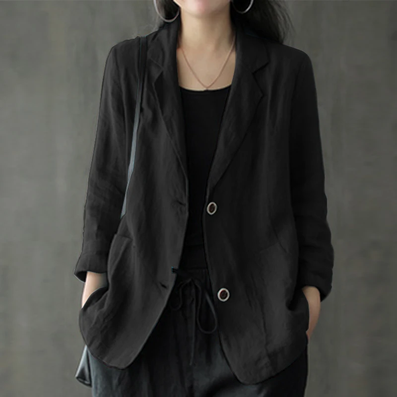 ZANZEA Women Lapel Neck Long Sleeve Blazer Autumn Vintage Casual Solid Cotton Blazer Elegant Cardigan Thin Coats Work Suits