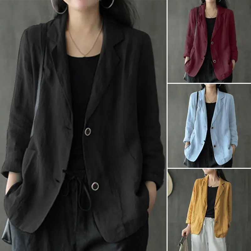 ZANZEA Women Lapel Neck Long Sleeve Blazer Autumn Vintage Casual Solid Cotton Blazer Elegant Cardigan Thin Coats Work Suits