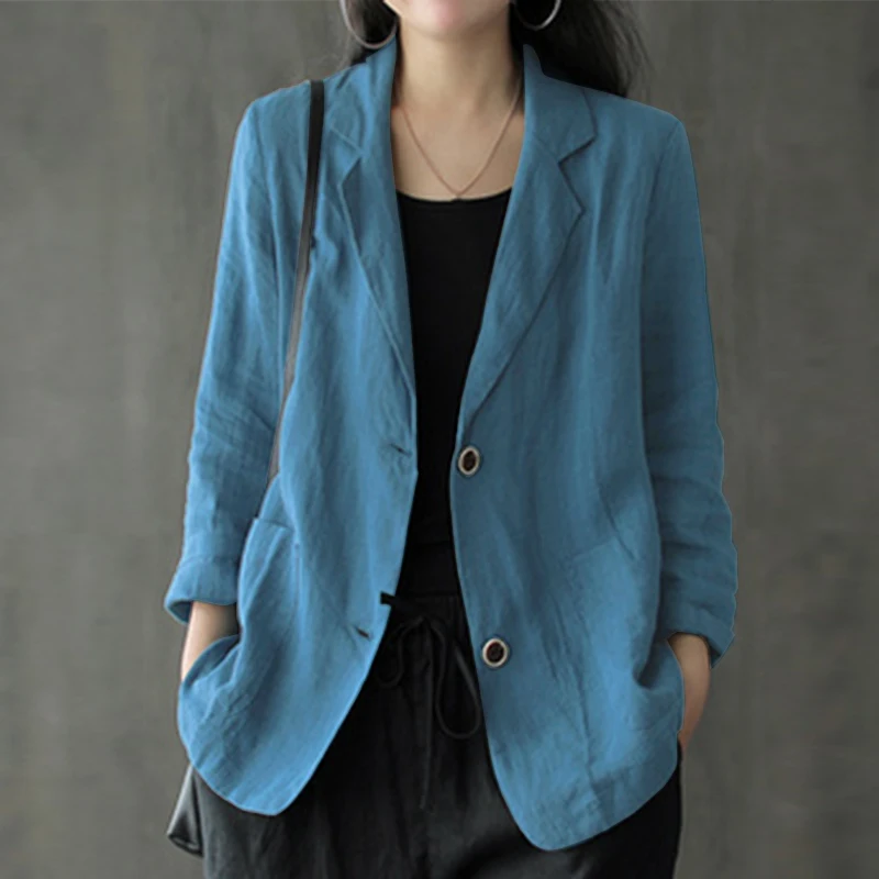 ZANZEA Women Lapel Neck Long Sleeve Blazer Autumn Vintage Casual Solid Cotton Blazer Elegant Cardigan Thin Coats Work Suits