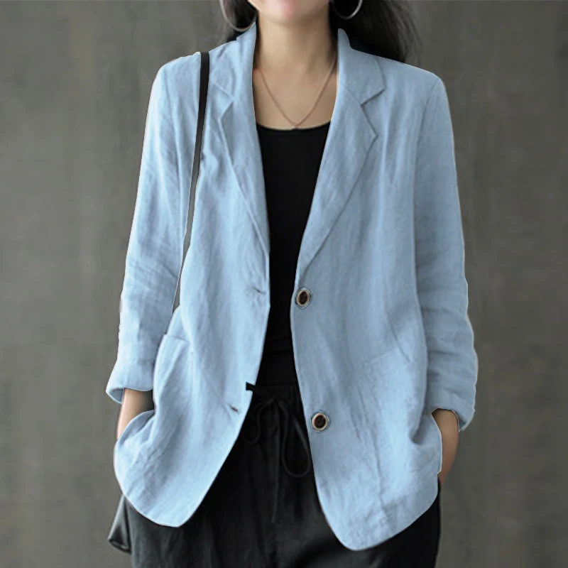 ZANZEA Women Lapel Neck Long Sleeve Blazer Autumn Vintage Casual Solid Cotton Blazer Elegant Cardigan Thin Coats Work Suits