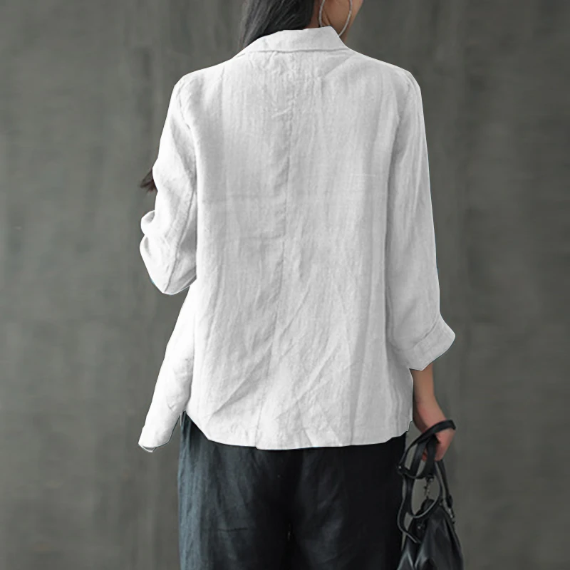 ZANZEA Women Lapel Neck Long Sleeve Blazer Autumn Vintage Casual Solid Cotton Blazer Elegant Cardigan Thin Coats Work Suits