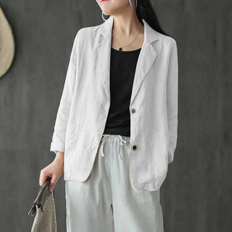ZANZEA Women Lapel Neck Long Sleeve Blazer Autumn Vintage Casual Solid Cotton Blazer Elegant Cardigan Thin Coats Work Suits
