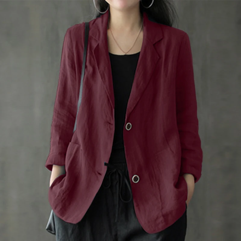 ZANZEA Women Lapel Neck Long Sleeve Blazer Autumn Vintage Casual Solid Cotton Blazer Elegant Cardigan Thin Coats Work Suits