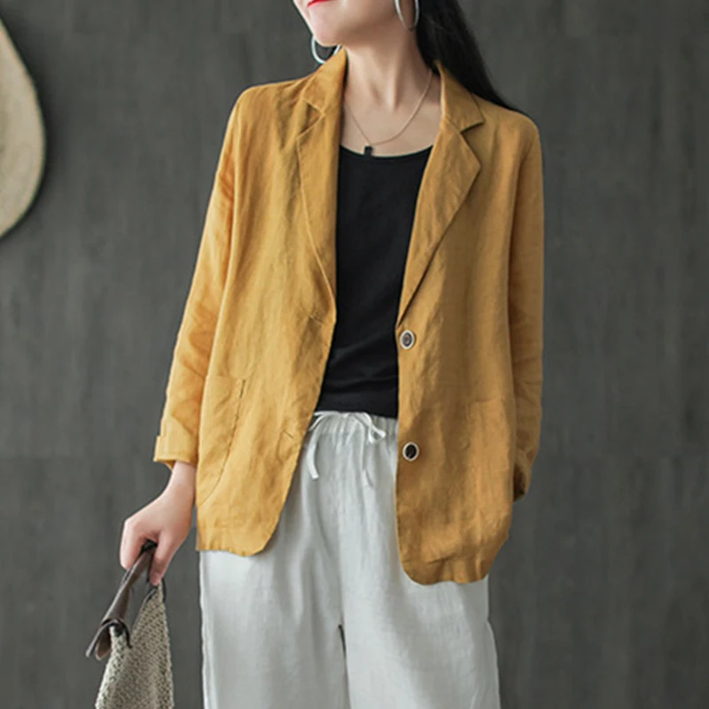ZANZEA Women Lapel Neck Long Sleeve Blazer Autumn Vintage Casual Solid Cotton Blazer Elegant Cardigan Thin Coats Work Suits