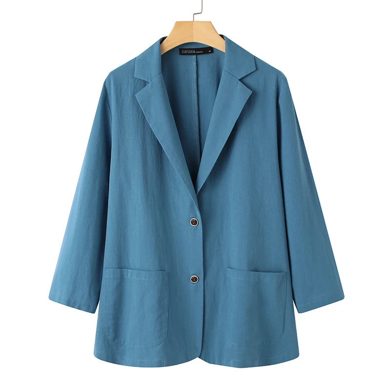 ZANZEA Women Lapel Neck Long Sleeve Blazer Autumn Vintage Casual Solid Cotton Blazer Elegant Cardigan Thin Coats Work Suits